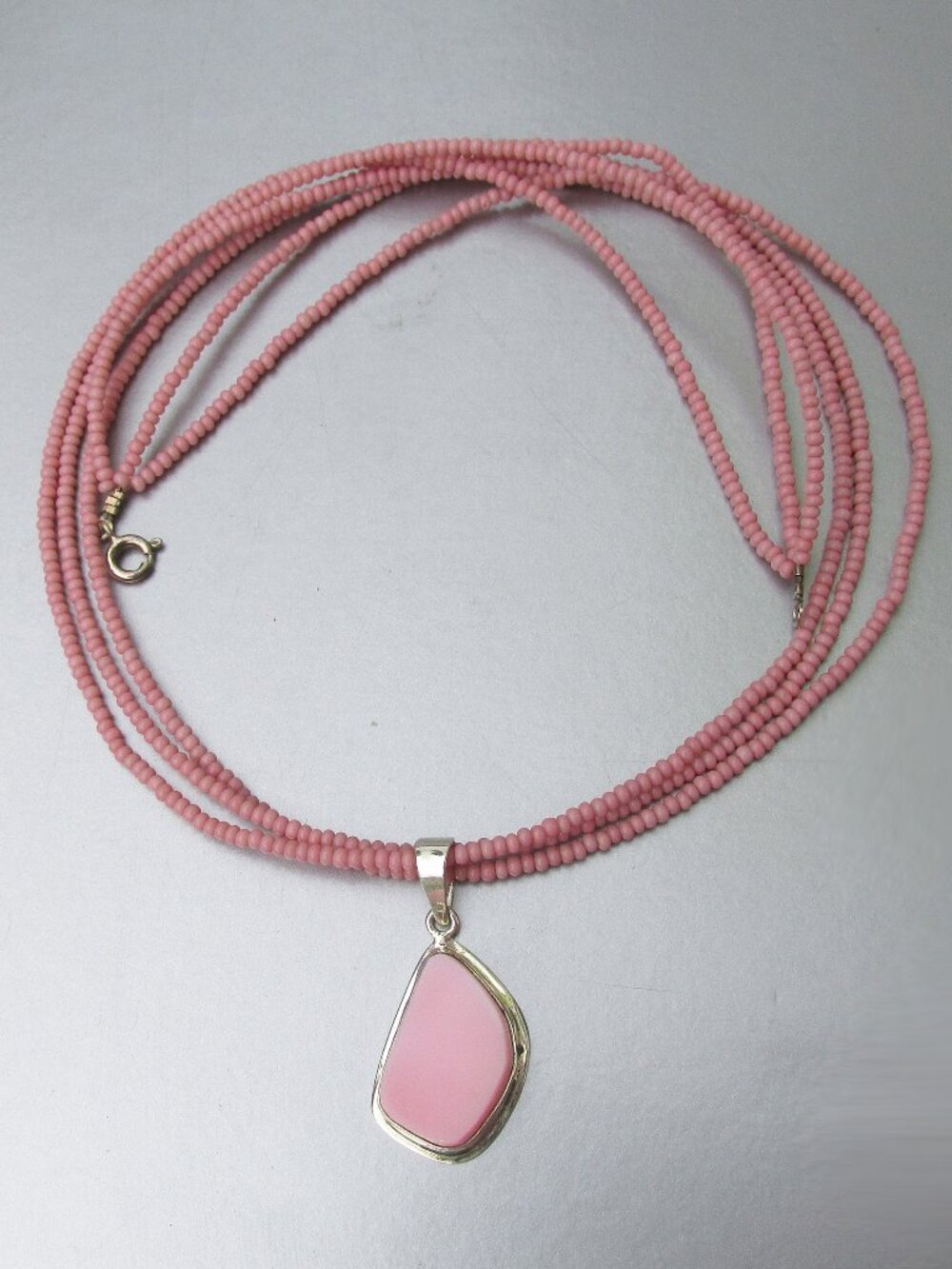 Vintage Sterling Silver Pale PINK Pendant 3 Strand Tiny Glass Bead Necklace